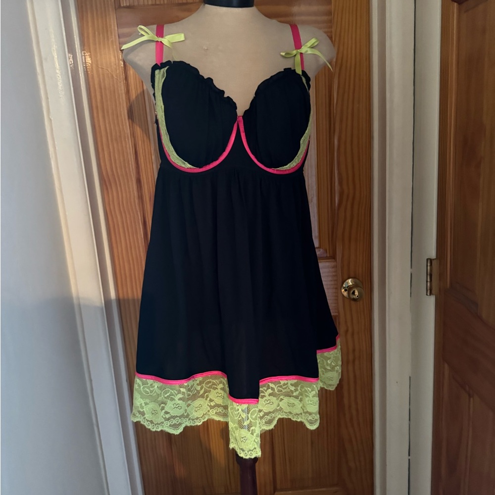 Cacique Elegant Black and Neon Lace Chemise